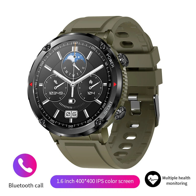 Black smartwatch with an olive green silicone band, chronograph-style face showing steps and heart rate