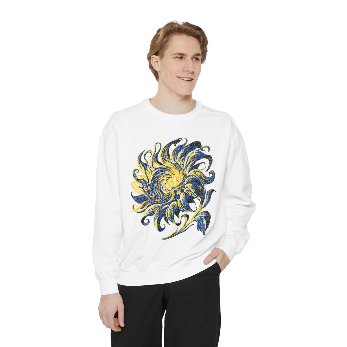 Celestial Sun Graphic Sweatshirt, Blue and Gold Cosmic Pullover, Mystical Night Sky Top, Astrology Gift for Stargazers and Dreamers