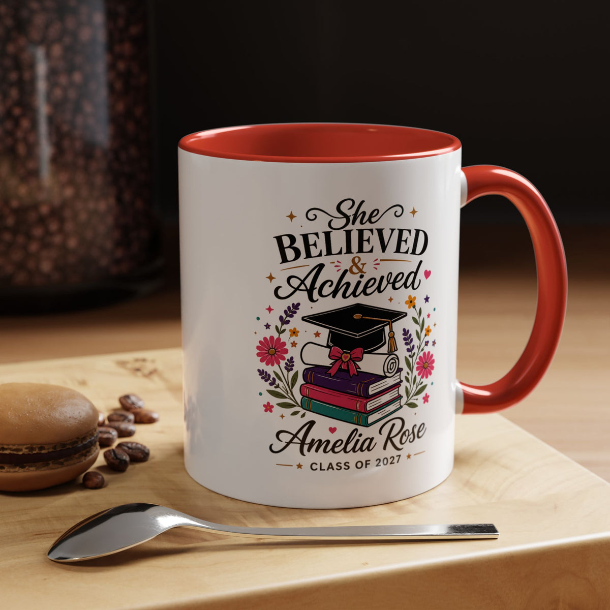 Personalized Graduation Mug for Her, She Believed and Achieved Coffee Cup, Custom Name Class of 2027 Gift, Floral Graduation Keepsake