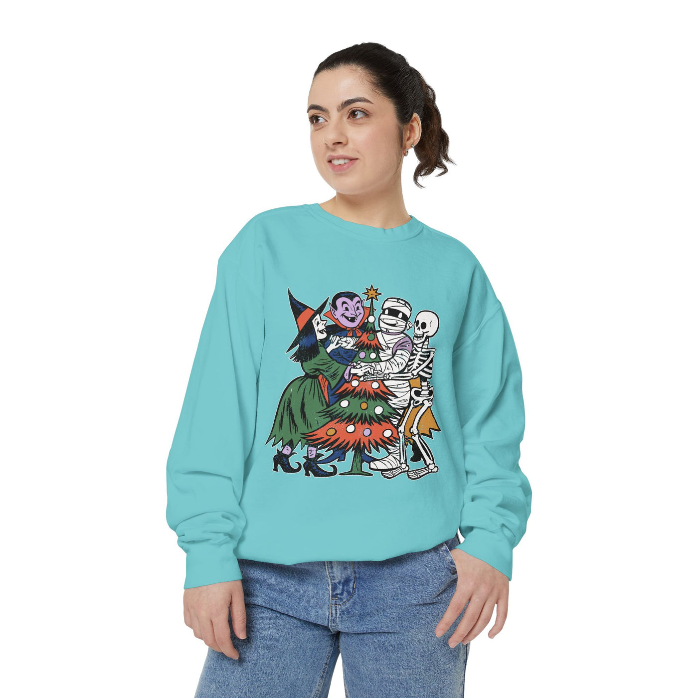 Spooky Christmas Sweatshirt, Halloween Holiday Mashup Crewneck, Witch Vampire Mummy Skeleton Pullover, Gothic Xmas Gift for Horror Fan