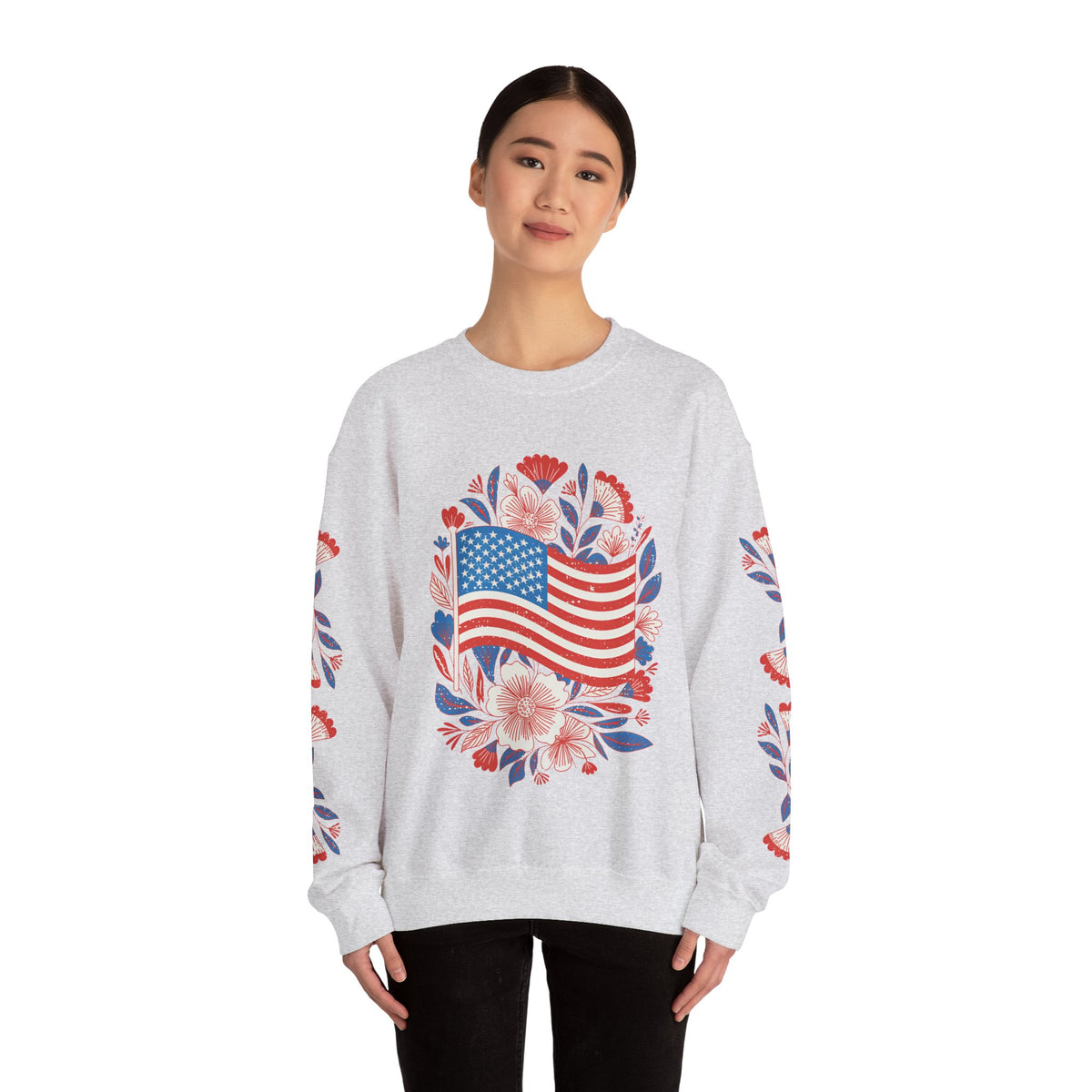 Floral American Flag Sweatshirt, Patriotic USA Pullover, Red White Blue Flower Top, Fourth of July Outfit, Americana Gift for Women