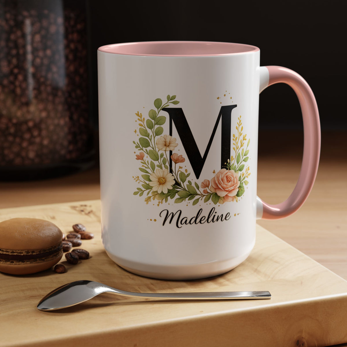Personalized Floral Monogram Mug, Custom Initial Coffee Mug with Name, Elegant Botanical Gift for Women, Bridesmaid Birthday Gift
