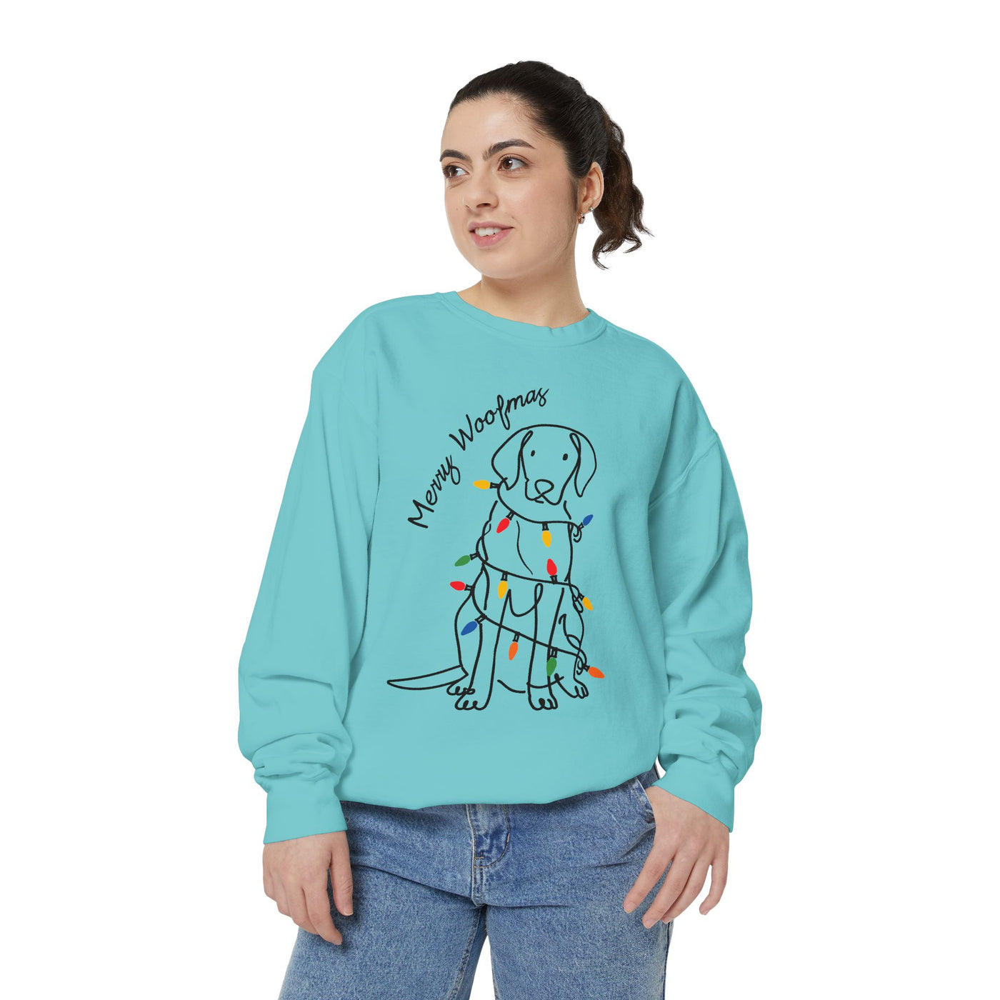 Merry Woofmas Dog Sweatshirt, Funny Christmas Puppy Crewneck, Holiday Lights Pet Lover Pullover, Cute Christmas Gift for Dog Mom or Dog Dad