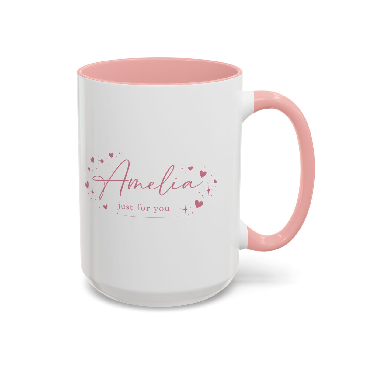 Custom Name Amelia Coffee Mug, Personalized Just For You Birthday Gift for Her, Cute Pink Hearts Script Initial Ceramic Tea Cup with Light Blue Handle