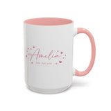 Custom Name Amelia Coffee Mug, Personalized Just For You Birthday Gift for Her, Cute Pink Hearts Script Initial Ceramic Tea Cup with Light Blue Handle