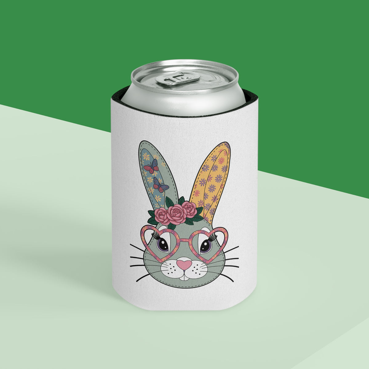 Bunny Can Cooler, Floral Rabbit Drink Sleeve, Cute Easter Gift for Her, Butterfly and Flower Design, Spring Gift for Bunny Lovers