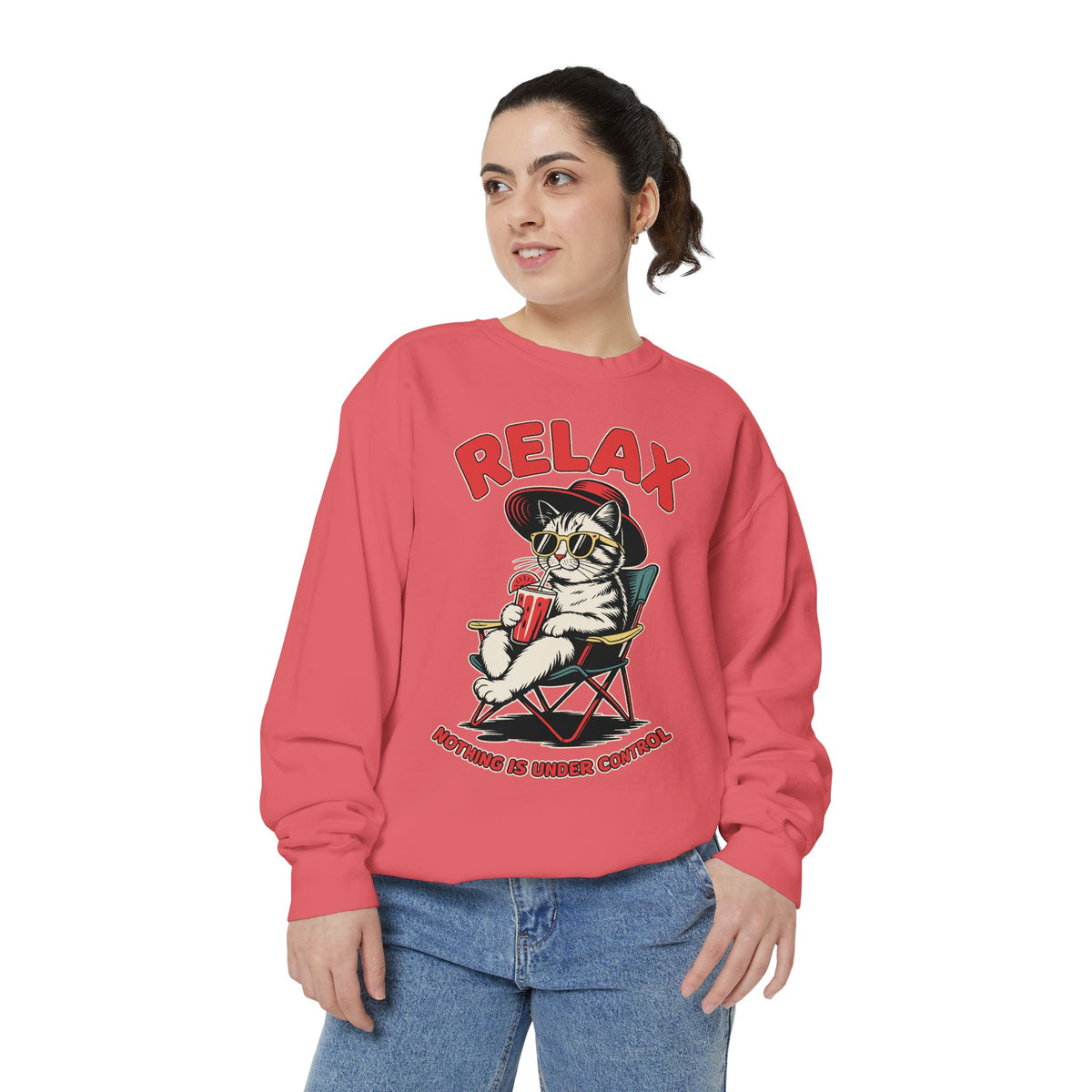 Funny Cat Lover Comfort Sweatshirt, Relax Nothing Is Under Control Crewneck, Sarcastic Cat Mom Comfort Sweatshirt Gift