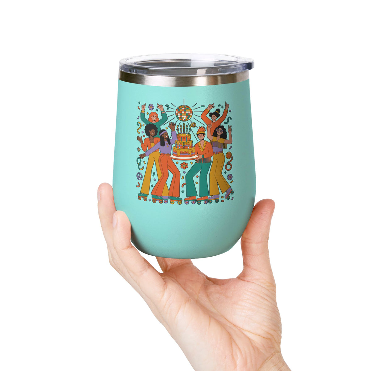 Retro Disco Birthday Wine Tumbler, 70s Roller Skating Party Design, Groovy Drinkware Gift for a Skater Friend Who Loves Vintage Aesthetics