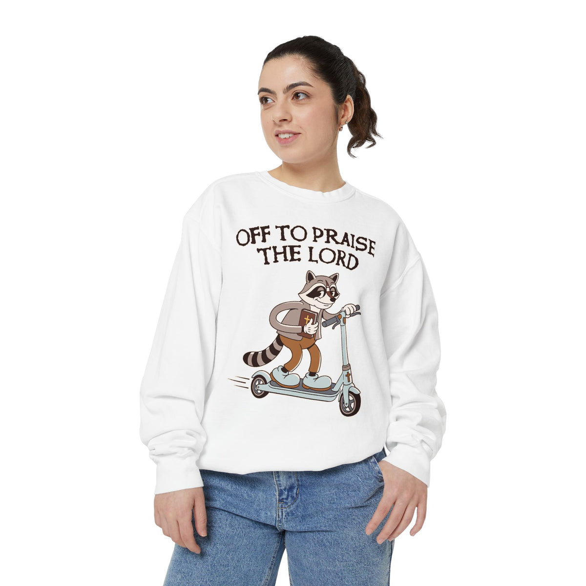 Christian Raccoon Comfort Colors Sweatshirt, Off to Praise the Lord Crewneck, Cute Faith Based Graphic Sweatshirt for Women