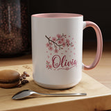 Personalized Name Mug, Pink Cherry Blossom Black Accent Coffee Cup, Custom Name Gift for Her, Girl, Daughter, Birthday or Nursery Keepsake