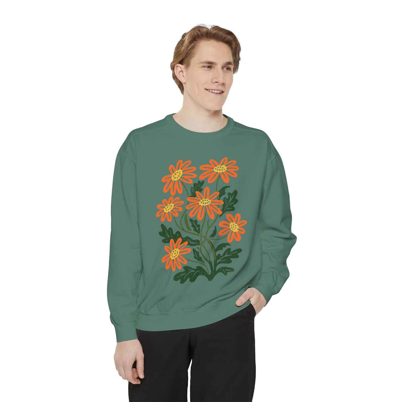 Orange Daisy Graphic Sweatshirt, Retro Floral Pullover for Flower Lovers, Groovy Botanical Top, Cheerful Garden Gift for Women
