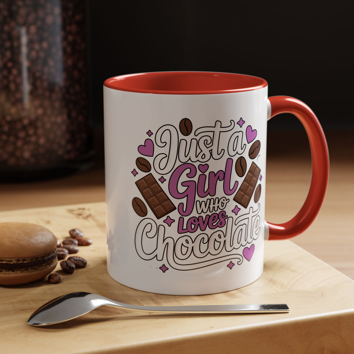 Chocolate Lover Coffee Mug, Just a Girl Who Loves Chocolate Quote, Purple Hearts and Cocoa Design, Sweet Birthday Gift for a Best Friend