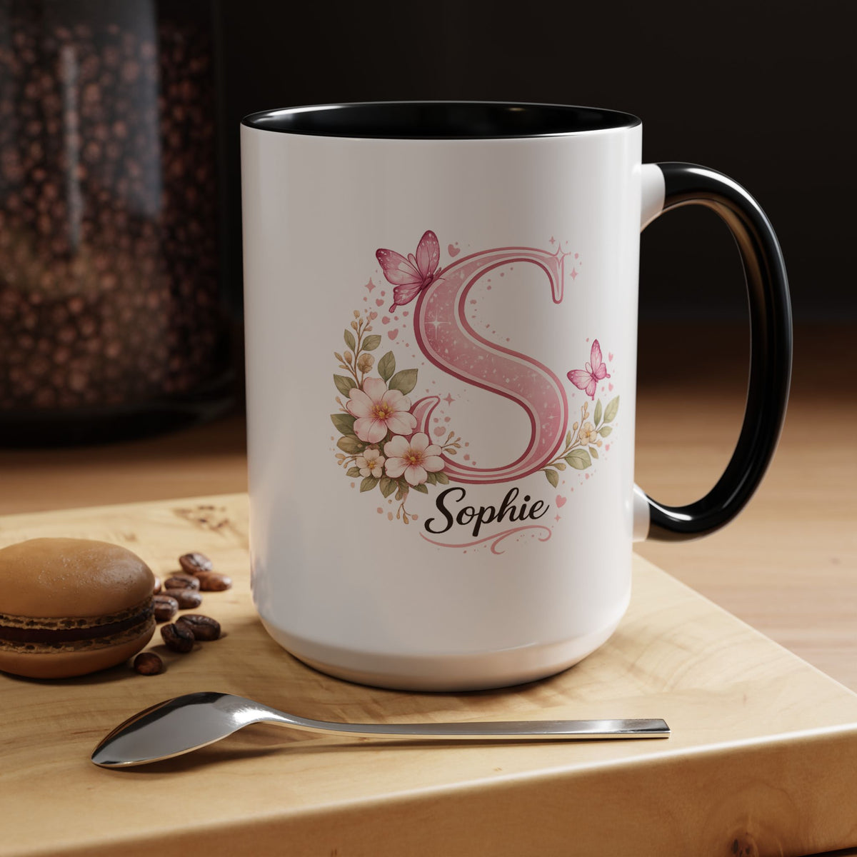 Personalized Butterfly Initial Mug, Custom Name Coffee Mug for Girls and Women, Pink Floral Monogram Cup, Birthday Gift, Custom Letter Mug