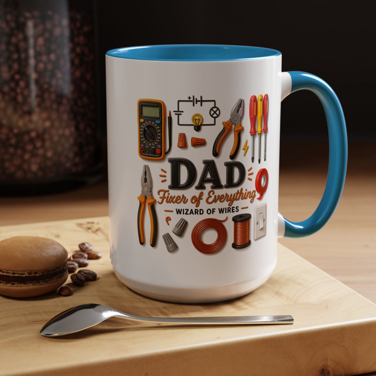 Electrician Dad Fixer of Everything Coffee Mug, Father's Day Gift for Electricians, Lineman Papa Handyman Ceramic Tea Cup with Black Handle