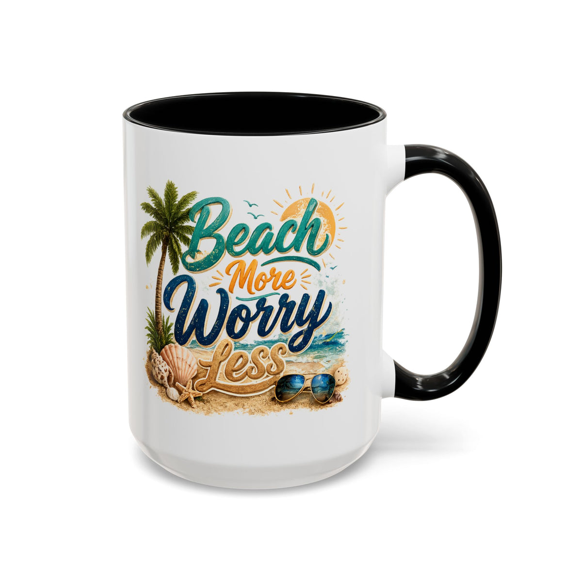 Beach More Worry Less Coffee Mug, Summer Vacation Gift for Ocean Lovers, Cute Tropical Palm Tree Ceramic Tea Cup with Dark Blue Handle