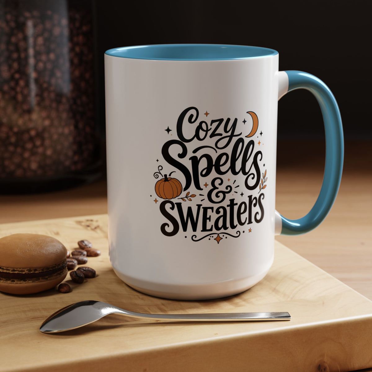 Cozy Spells and Sweaters Mug, Witchy Halloween Coffee Cup, Celestial Pumpkin Fall Gift for Her, Magical Spooky Season Drinkware
