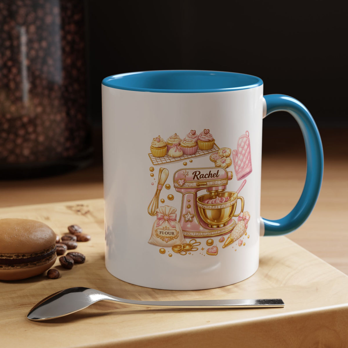 Cute Baking Stand Mixer Coffee Mug, Personalized Baker Gift for Her, Aesthetic Pastry Chef Kitchen Ceramic Tea Cup with Dark Blue Handle