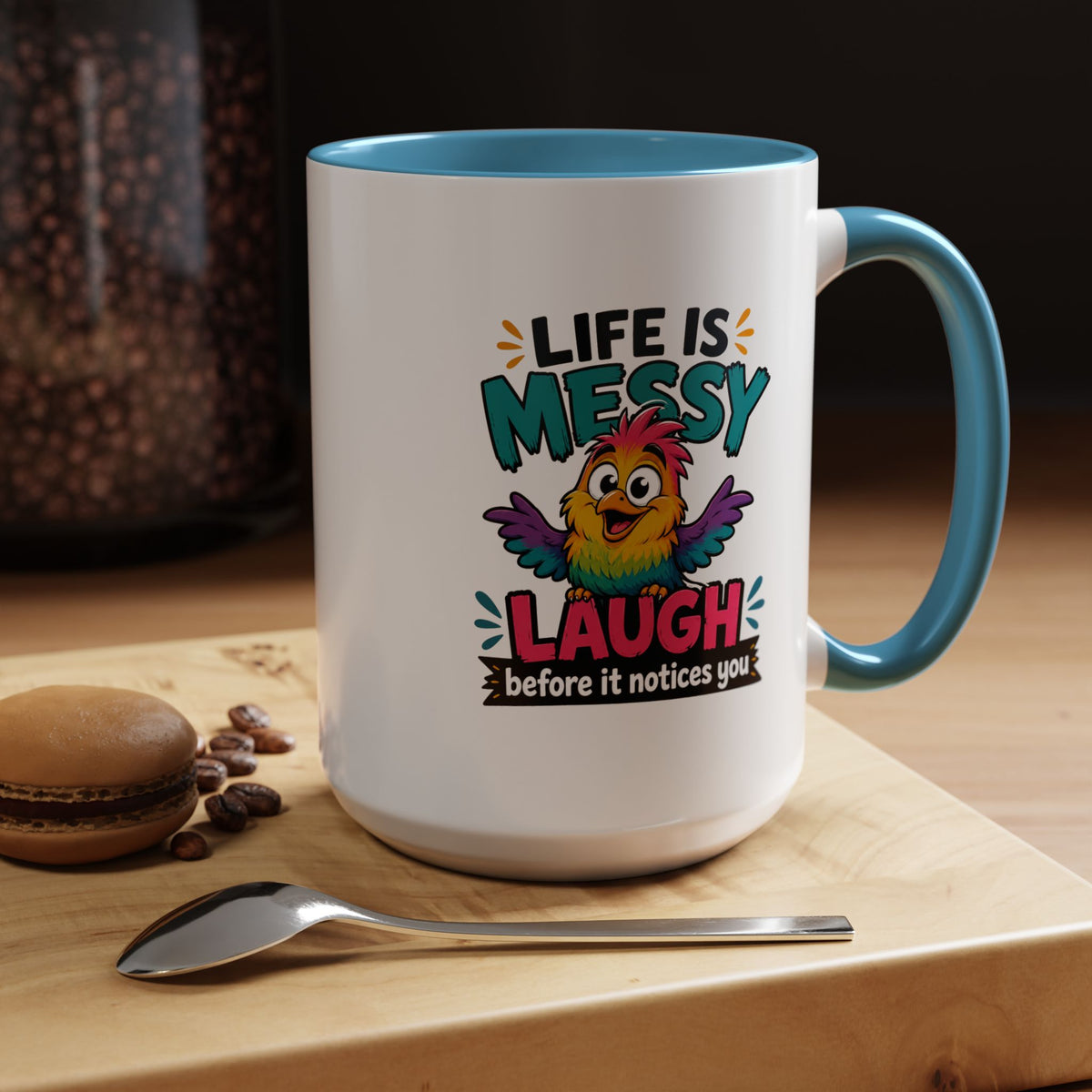 Funny Life Is Messy Mug, Colorful Bird Coffee Cup, Humorous Gift for Friend, Coworker Birthday Present, Cheerful Office Desk Drinkware