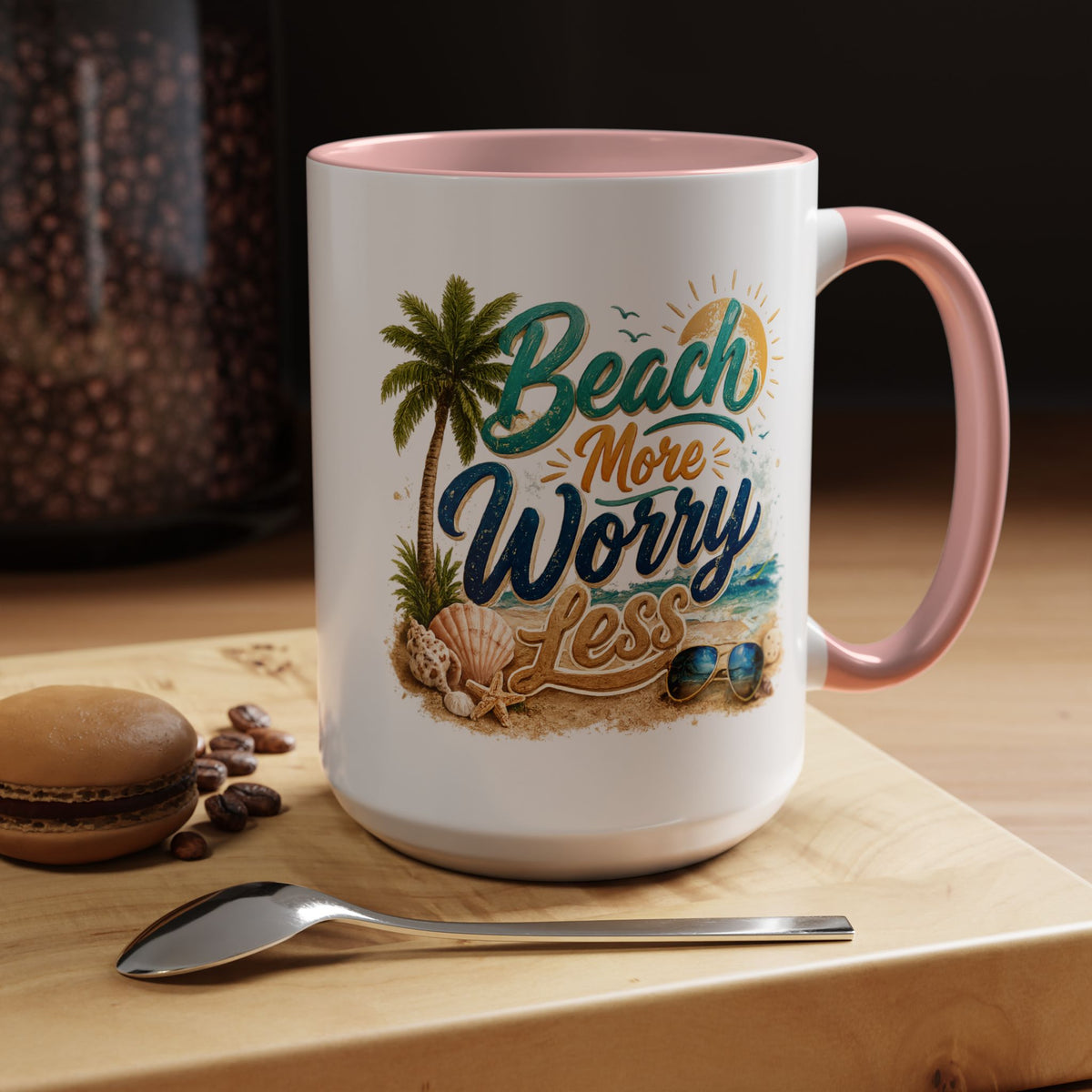 Beach More Worry Less Coffee Mug, Summer Vacation Gift for Ocean Lovers, Cute Tropical Palm Tree Ceramic Tea Cup with Dark Blue Handle