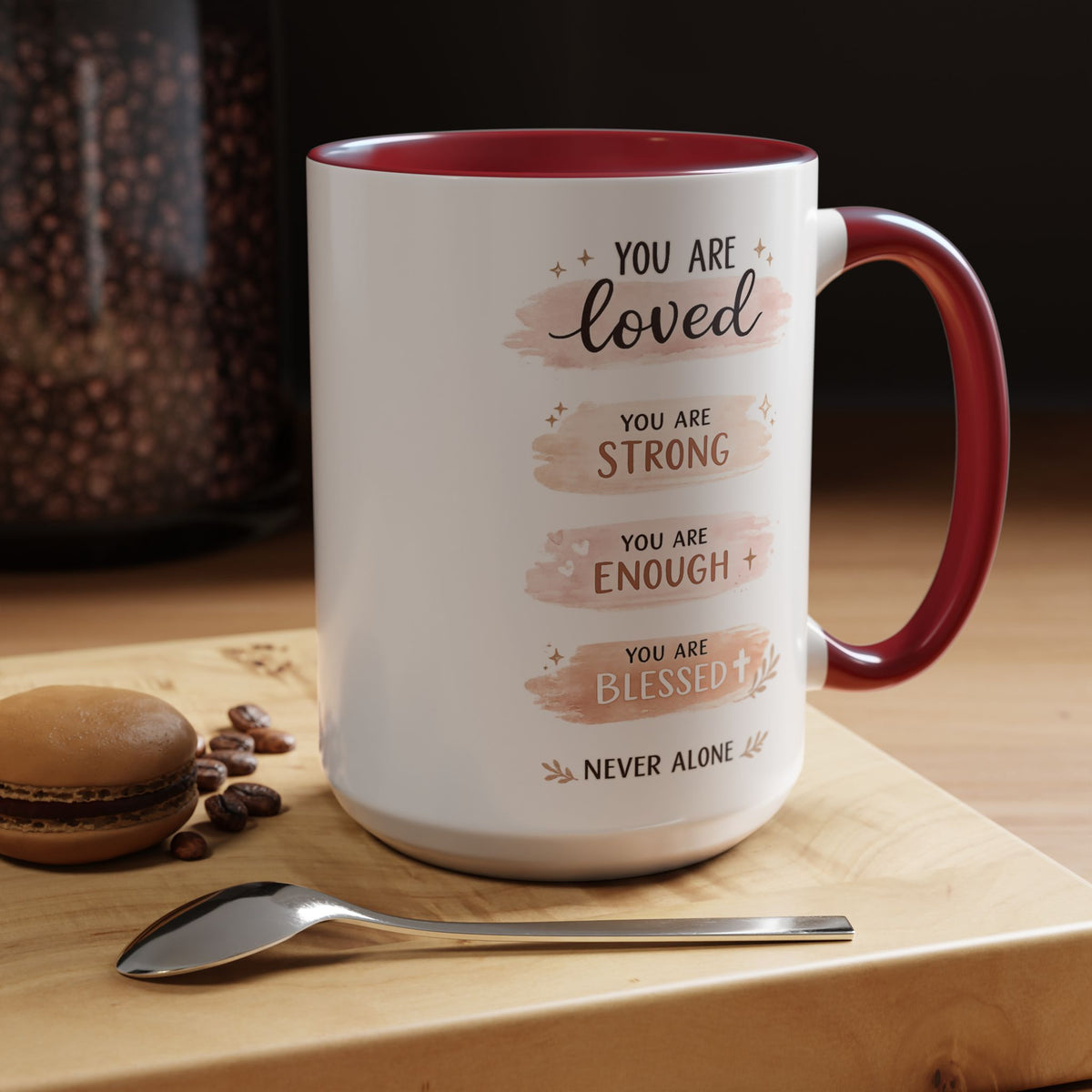 You Are Loved Strong Enough Blessed Coffee Mug, Encouraging Mental Health Gift for Friends, Cute Inspirational Daily Affirmations Tea Cup with Pink Handle