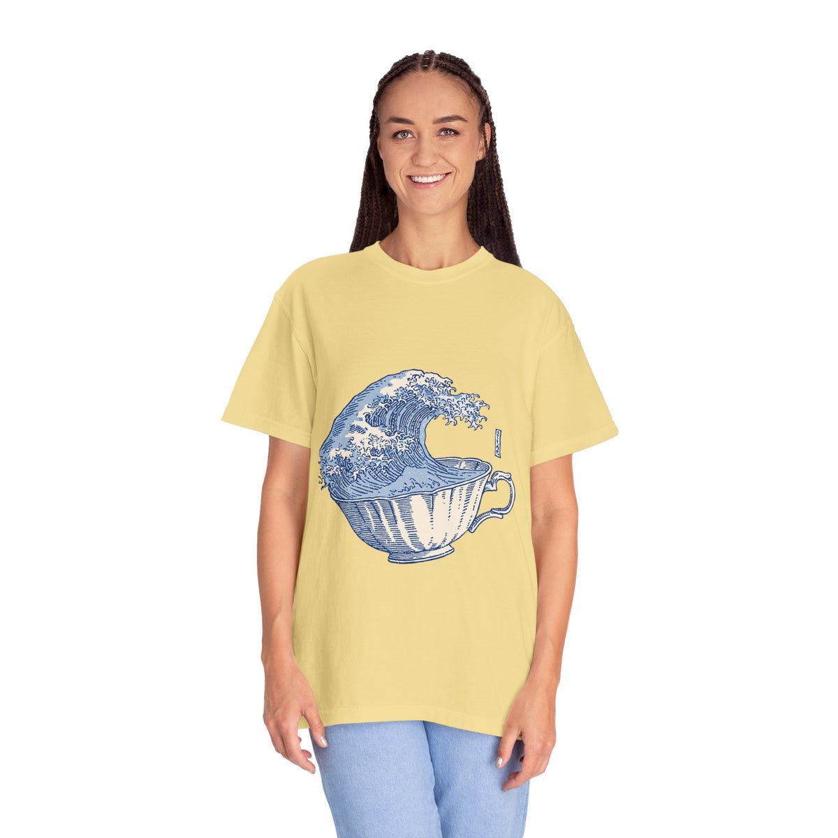 Great Wave Teacup Shirt, Japanese Art Inspired Ocean Graphic, Gift for Tea Lovers and Coastal Art Fans, Casual Cafe Weekend Outfit