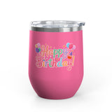 Happy Birthday Wine Tumbler, Pastel Balloons and Cupcake Design, Colorful Drinkware Gift for a Best Friend, Sister or Coworker Celebration
