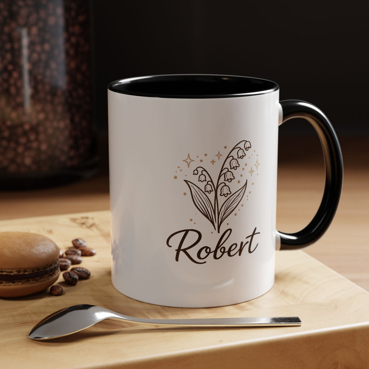Personalized Name Mug, Lily of the Valley Black Accent Coffee Cup, Unique Custom Name Gift for Him, Dad, Grandpa, Birthday or Memorial