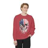 American Flag Skull Sweatshirt, Distressed Patriotic Graphic for Biker Outfits, Fourth of July Style, Birthday Gift for Skull Art Lovers