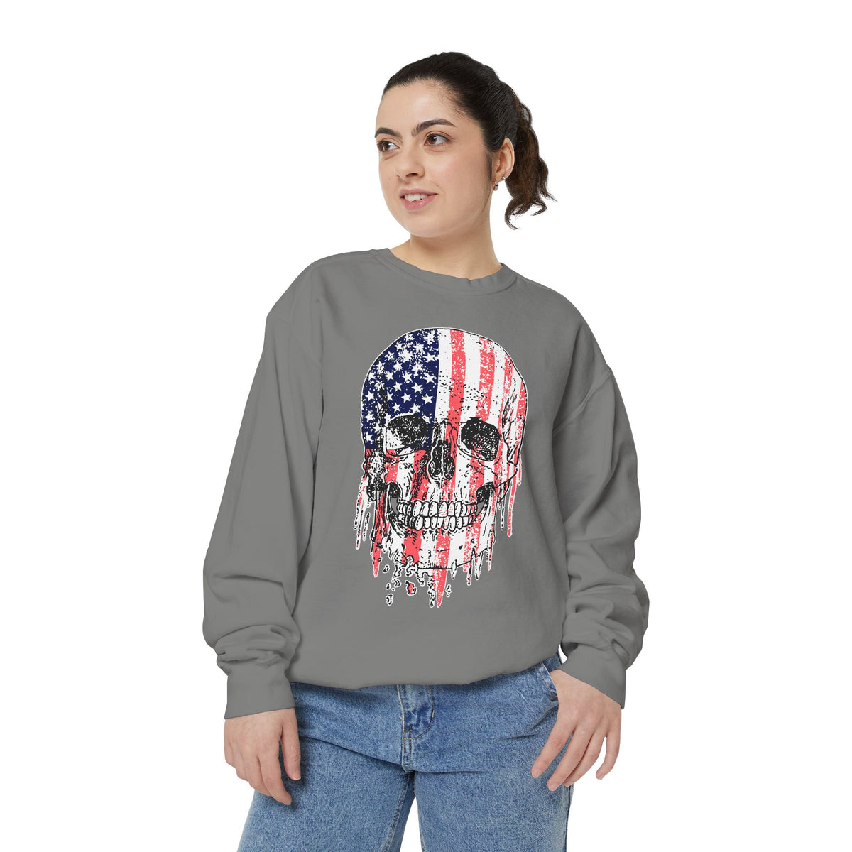 American Flag Skull Sweatshirt, Distressed Patriotic Graphic for Biker Outfits, Fourth of July Style, Birthday Gift for Skull Art Lovers