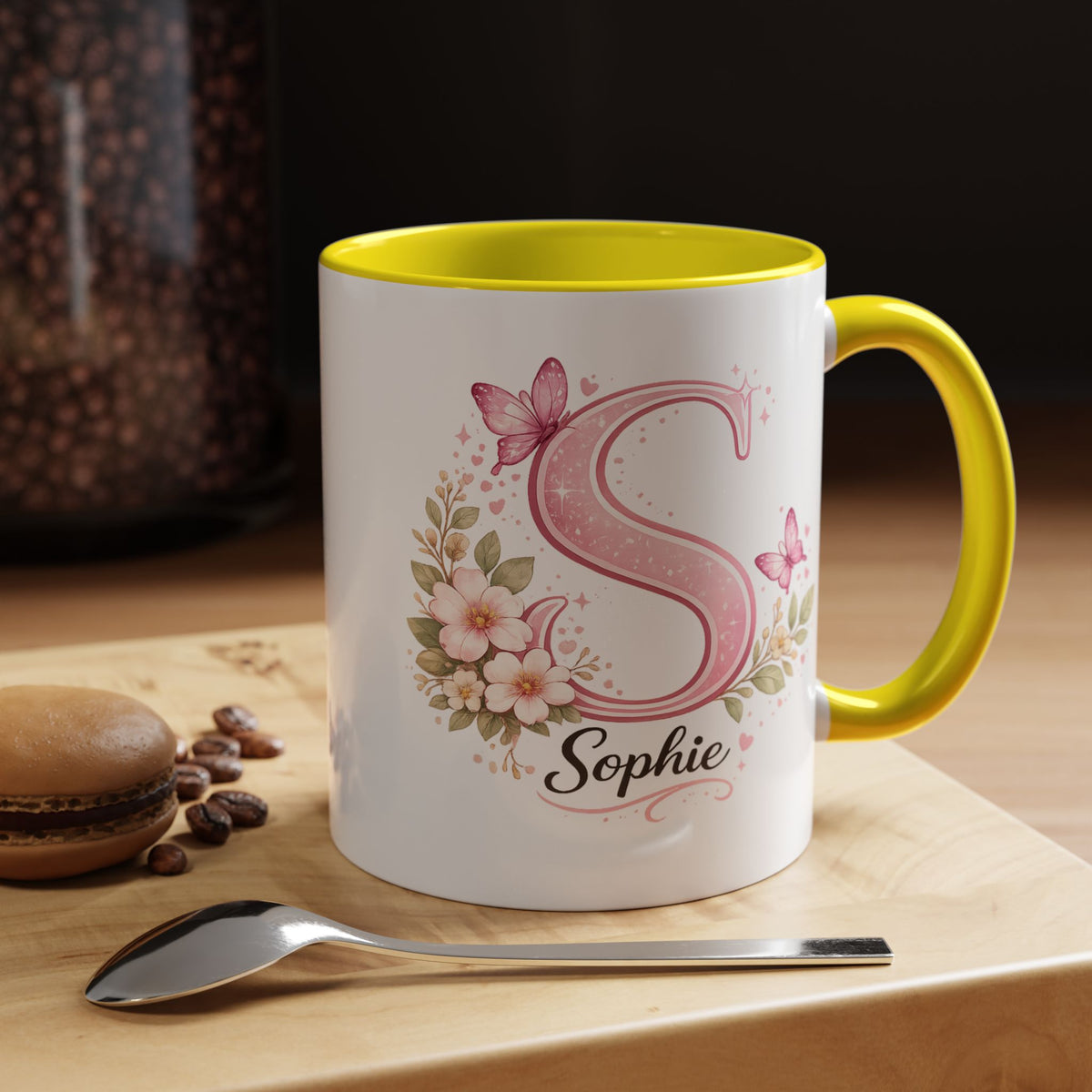 Personalized Butterfly Initial Mug, Custom Name Coffee Mug for Girls and Women, Pink Floral Monogram Cup, Birthday Gift, Custom Letter Mug