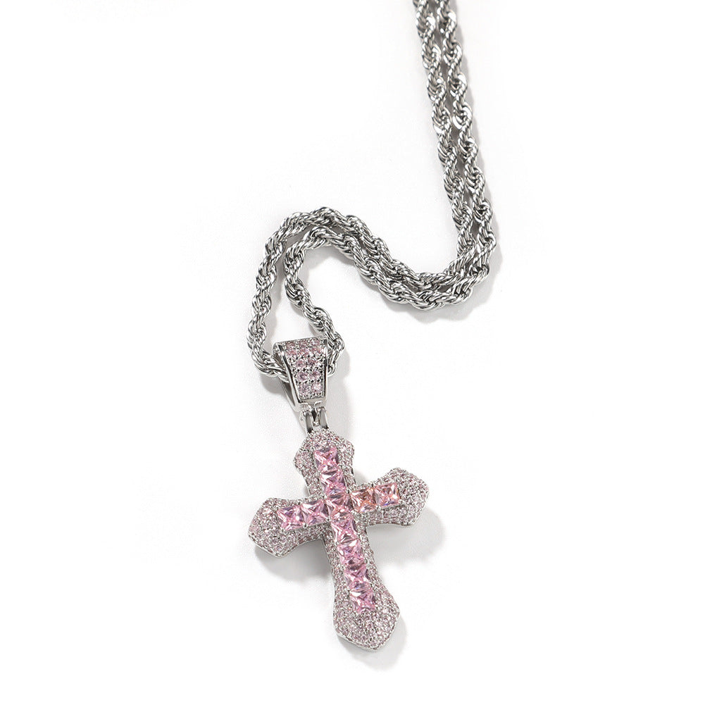 Blue Zircon Cross Necklace Hip Hop Fashion Heavy Industry Diamond Studded Versatile Sweater Chain