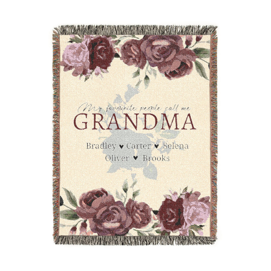 Personalized Grandma Woven Blanket, Rose Floral Throw, Grandmother Gift, Custom Family Keepsake, Nana Birthday Gift, Cozy Living Room Decor