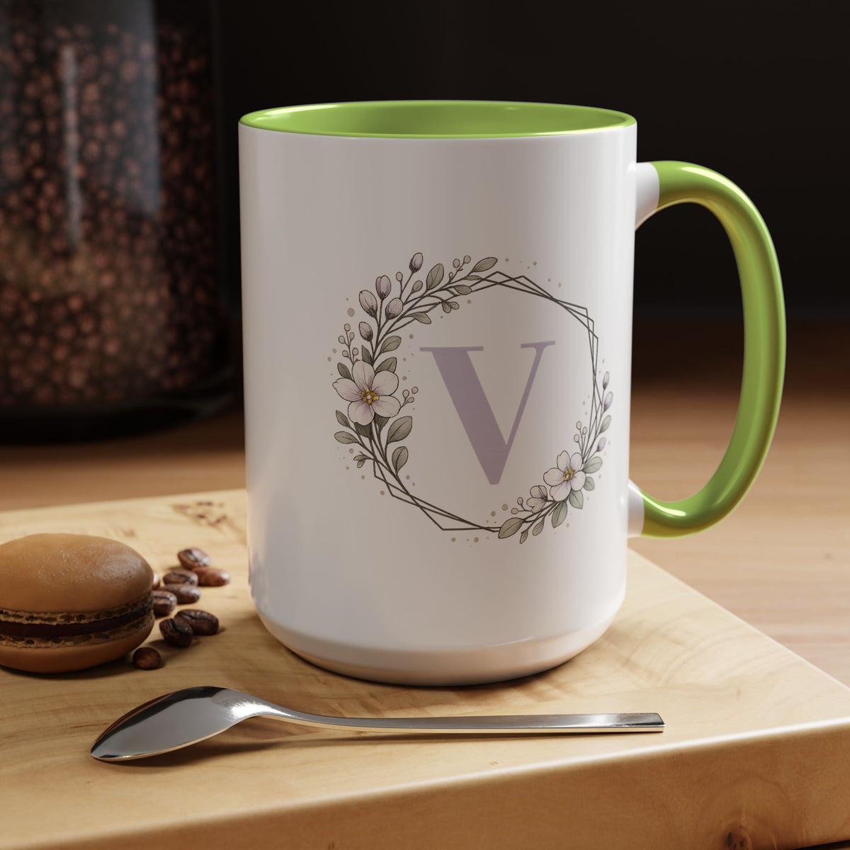 Letter V Monogram Mug, Floral Initial Coffee Mug for Women, Botanical Alphabet Cup, Minimalist Monogram Gift, Personalized Letter Mug