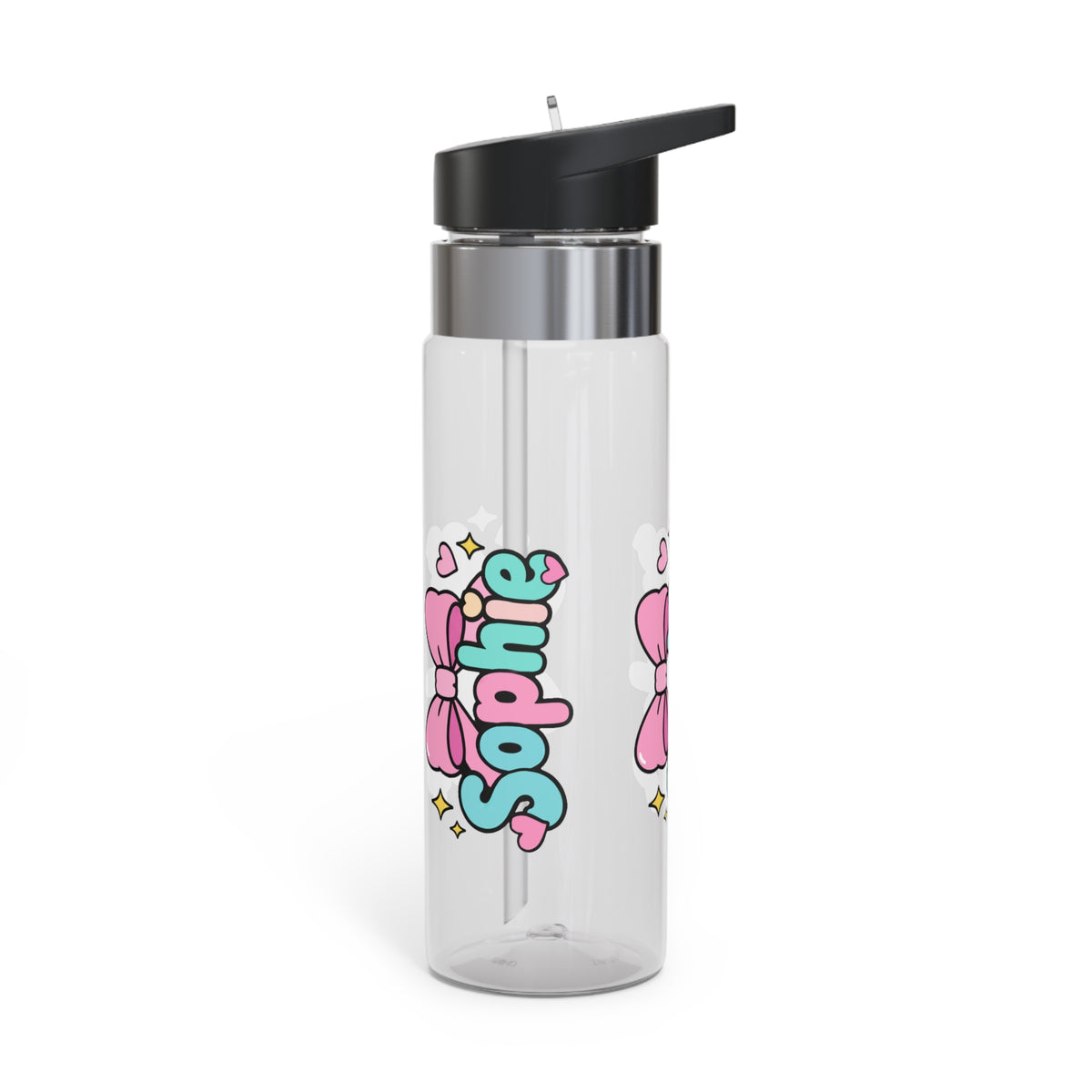 Personalized Pink Bow Water Bottle, Custom Name Drink Bottle for Girls, Cute Pastel School Bottle, Birthday Gift for Her