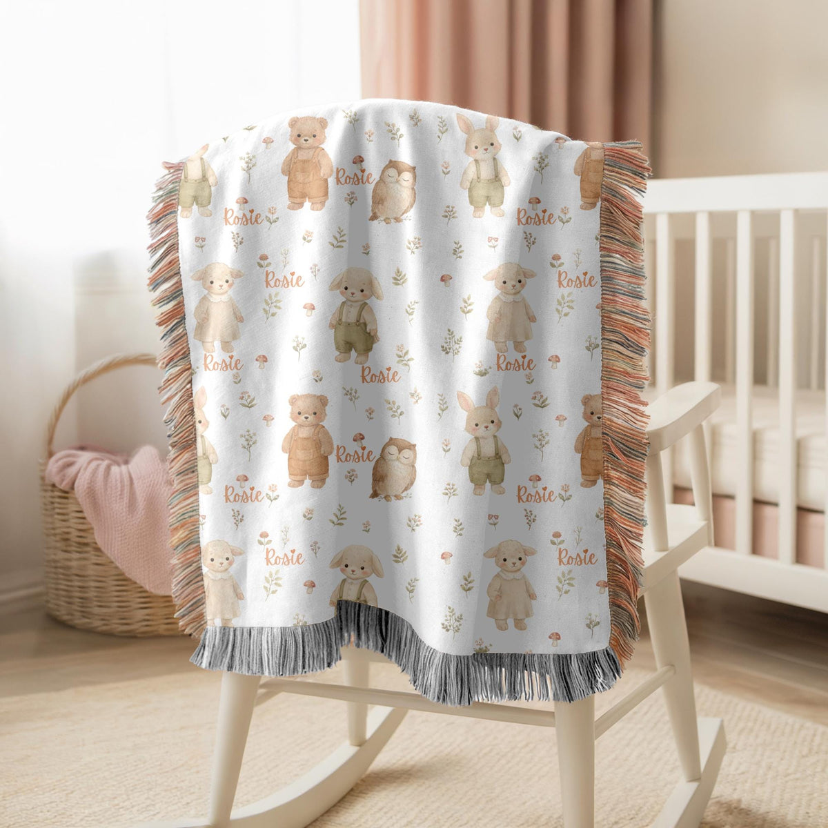 Personalized Woodland Baby Woven Blanket Custom Name Animal Nursery Blanket Bunny Bear Lamb Owl Baby Shower Gift
