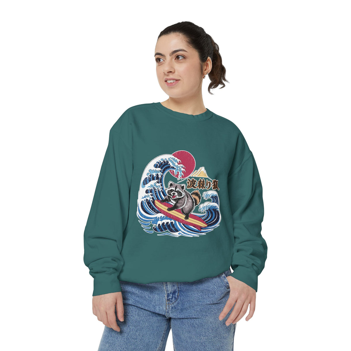 Japanese Surfing Raccoon Sweatshirt, Retro Wave Graphic Crewneck, Funny Animal Surfer Gift, Japan Inspired Beachwear Cozy Pullover
