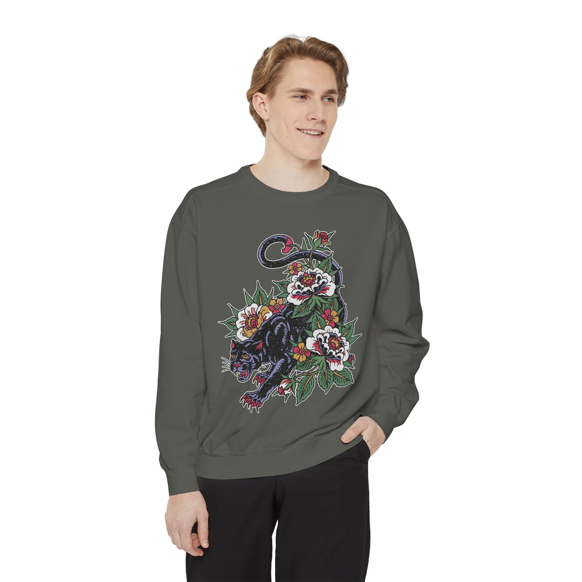 Traditional Panther Graphic Sweatshirt, Floral Tattoo Pullover for Men and Women, Old School Big Cat Top