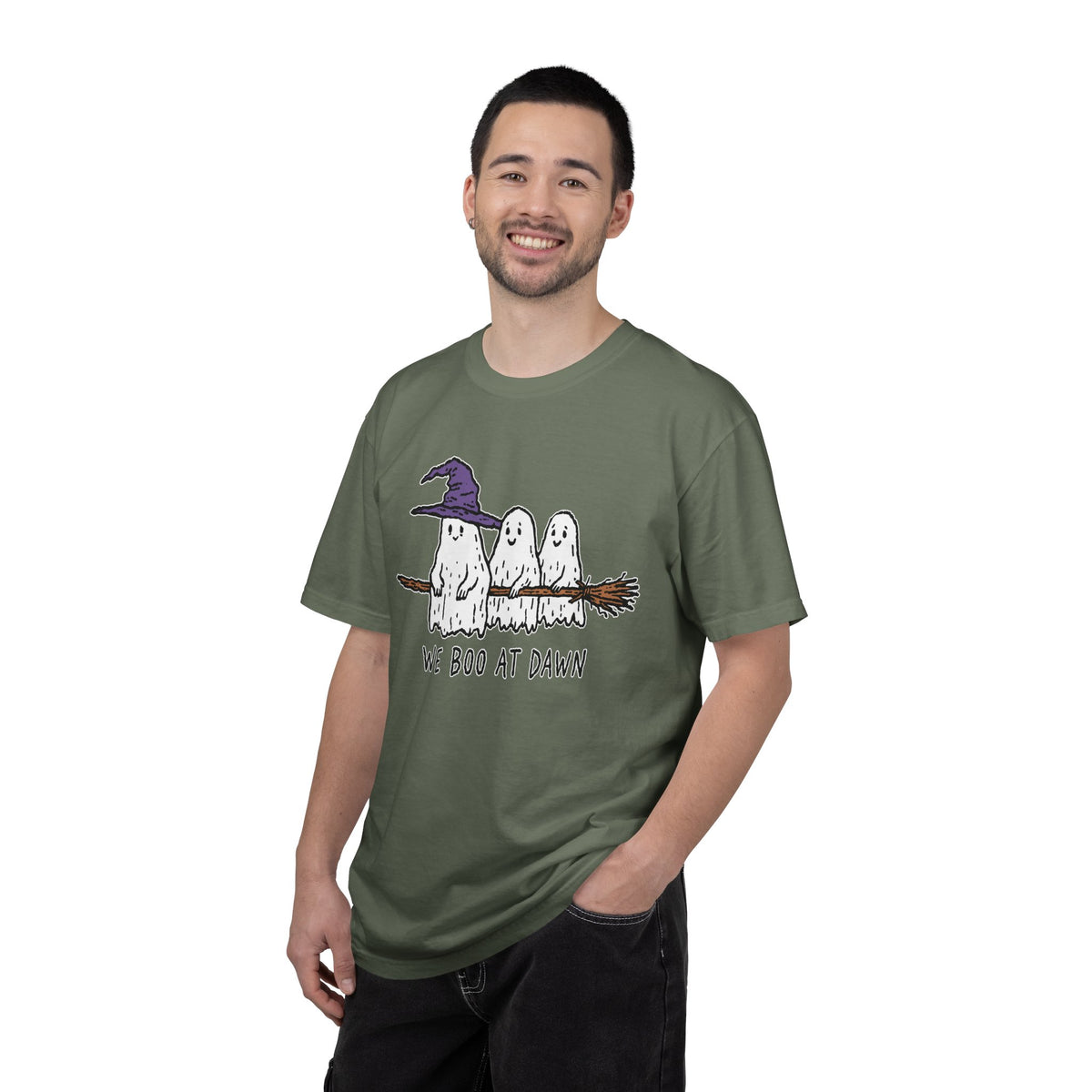 We Boo at Dawn Ghost Shirt, Funny Halloween Witch Broom Graphic Tee, Cute Spooky Season Gift for Friends and Ghost Lovers, October Outfit