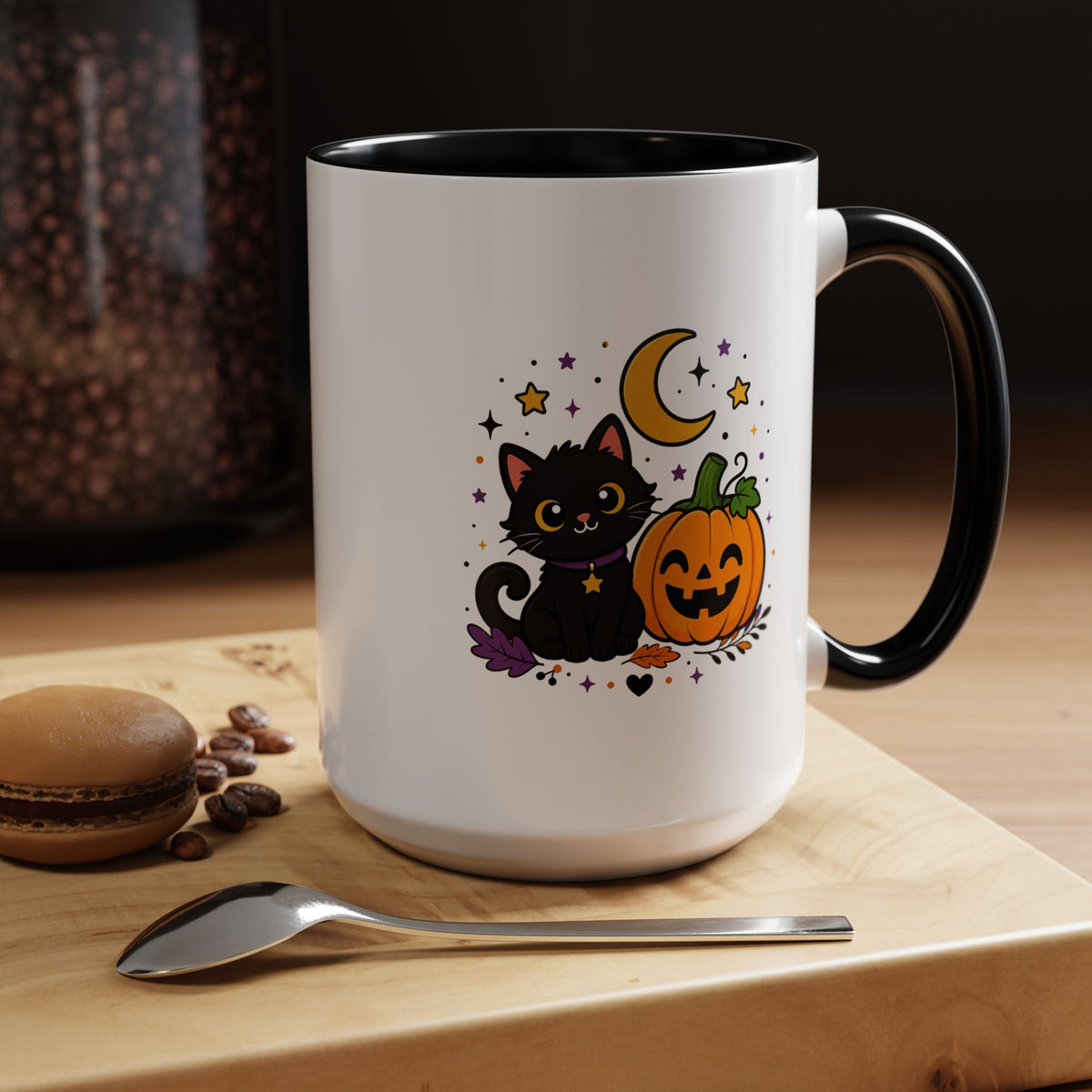 Cute Black Cat Halloween Mug, Pumpkin and Moon Coffee Cup, Spooky Season Gift for Cat Lover, Fall Birthday Present, Witchy Fall Decor