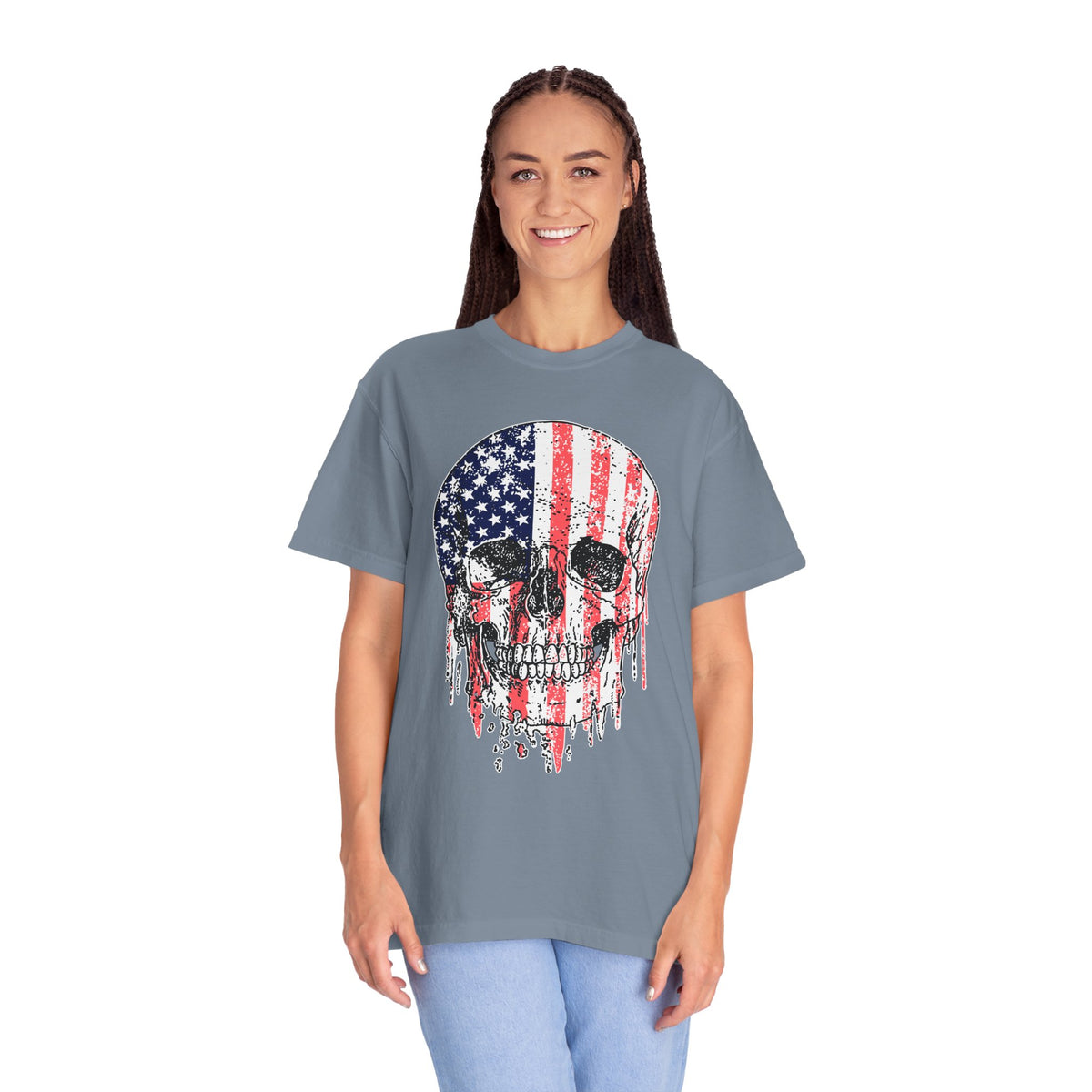 American Flag Skull Shirt, Distressed Patriotic Graphic for Biker Outfits, Fourth of July Style, Birthday Gift for Skull Art Lovers