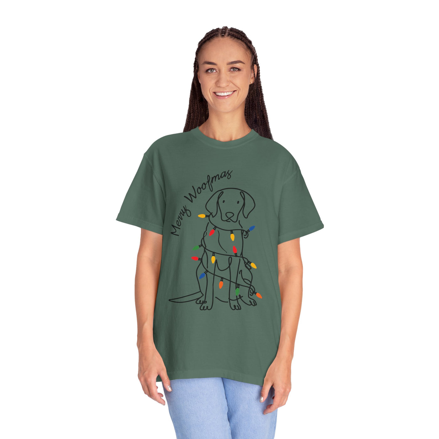 Merry Woofmas Dog Shirt, Funny Christmas Puppy T-Shirt, Holiday Lights Pet Lover Tee, Cute Gift for Dog Mom, Dog Dad or Family Party