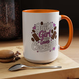 Chocolate Lover Coffee Mug, Just a Girl Who Loves Chocolate Quote, Purple Hearts and Cocoa Design, Sweet Birthday Gift for a Best Friend