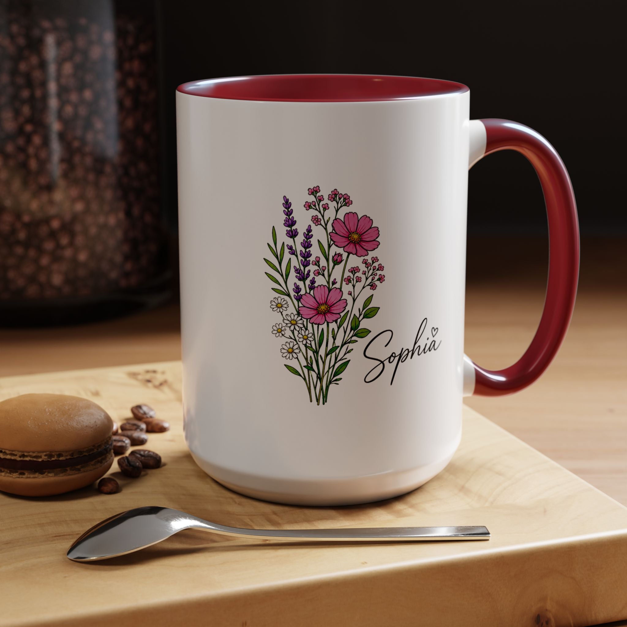 Personalized Floral Name Mug, Custom Wildflower Coffee Cup for Her, Birthday Gift for Women, Botanical Friend or Coworker Keepsake