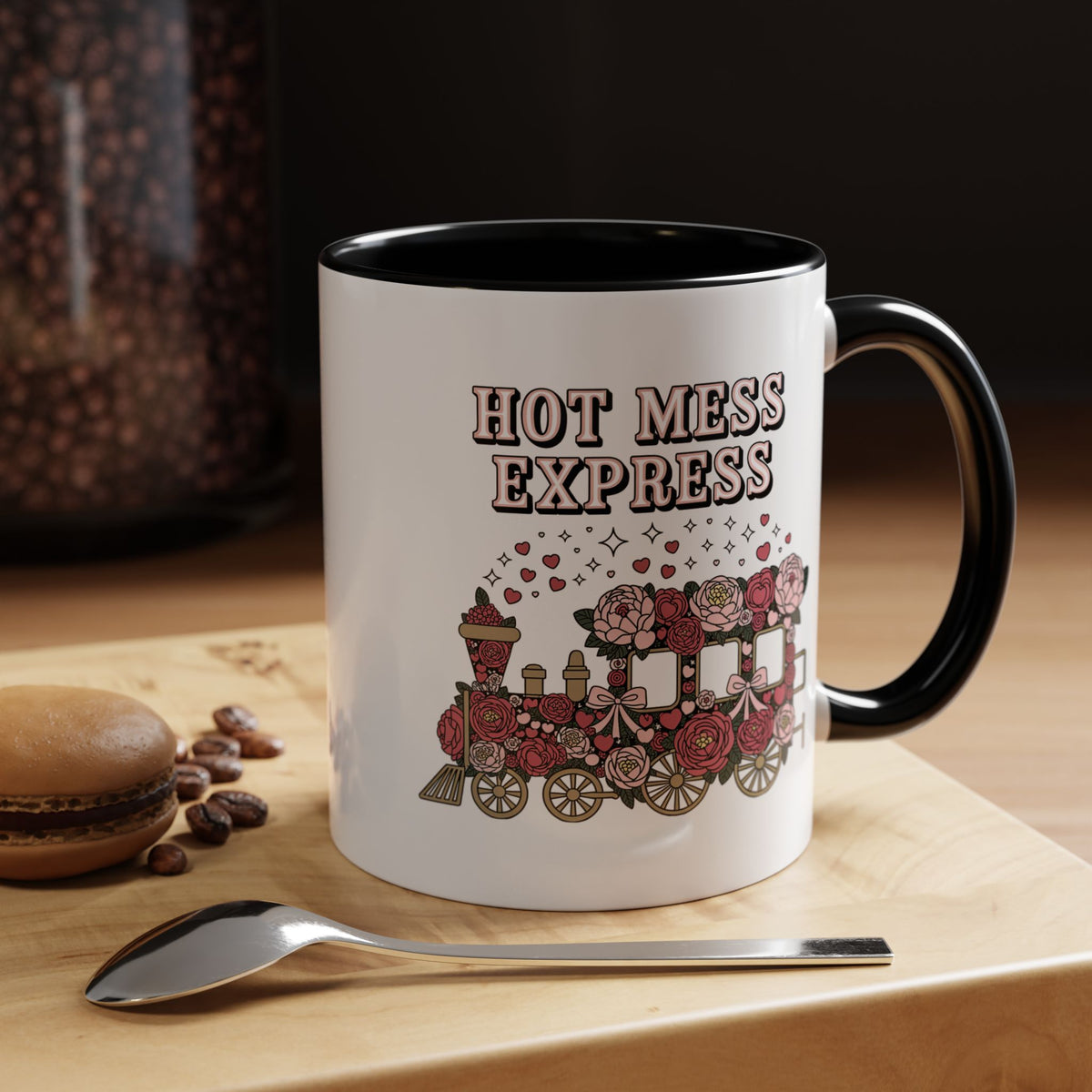 Hot Mess Express Coffee Mug, Pink Floral Train with Bows and Hearts, Funny Birthday Gift for a Busy Mom or Best Friend's Daily Coffee Break