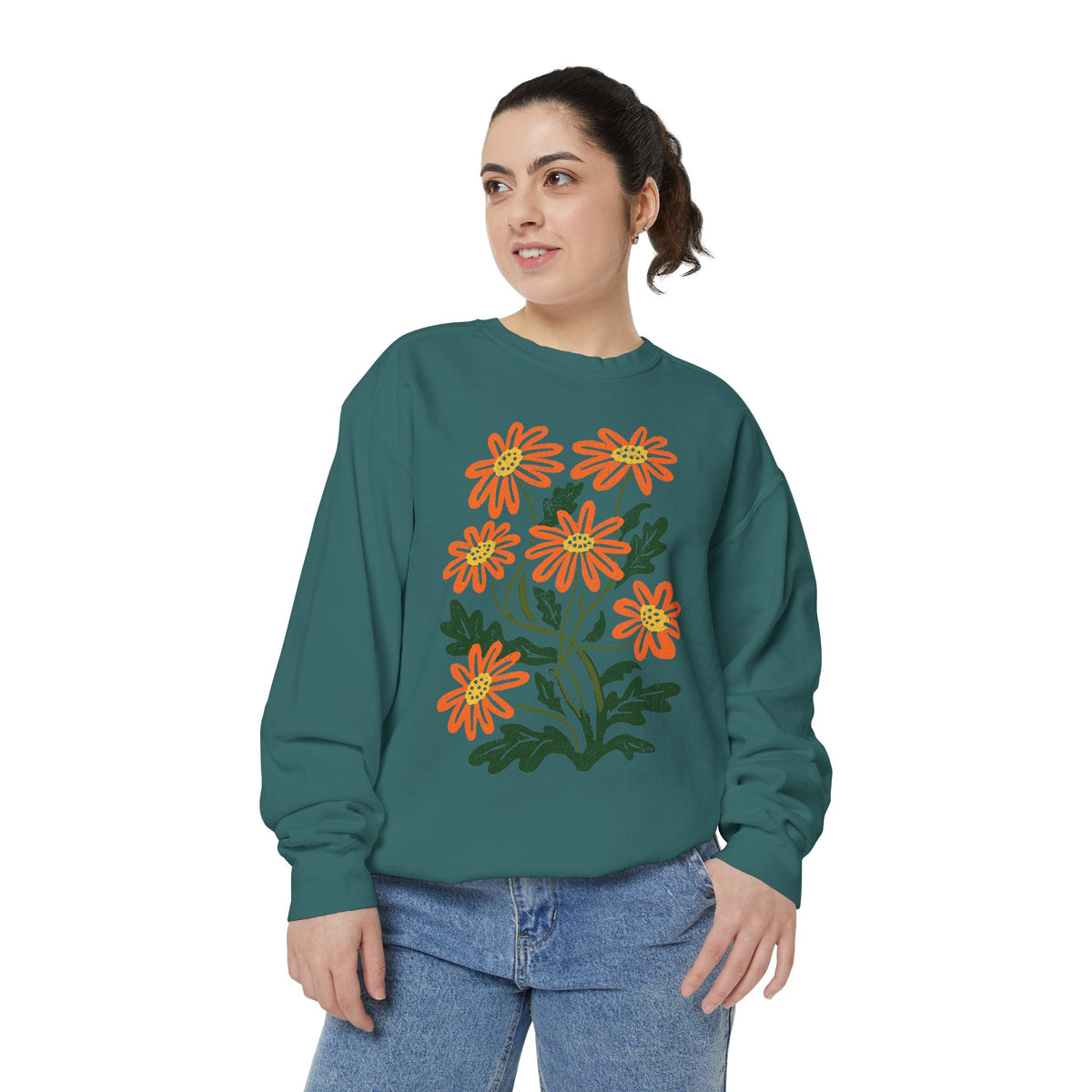 Orange Daisy Graphic Sweatshirt, Retro Floral Pullover for Flower Lovers, Groovy Botanical Top, Cheerful Garden Gift for Women