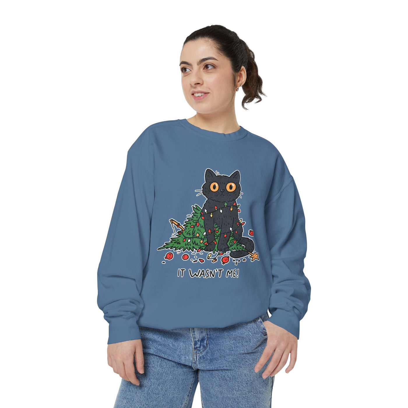 It Wasn't Me Black Cat Christmas Sweatshirt, Funny Holiday Crewneck, Mischievous Kitty Lights Pullover, Gift for Cat Mom or Cat Dad