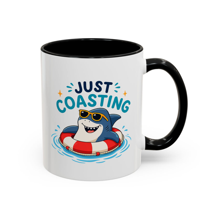 Funny Shark Coffee Mug, Just Coasting Shark Mug, Cute Beach Lover Coffee Cup, Relaxing Summer Vacation Gift for Shark Fans