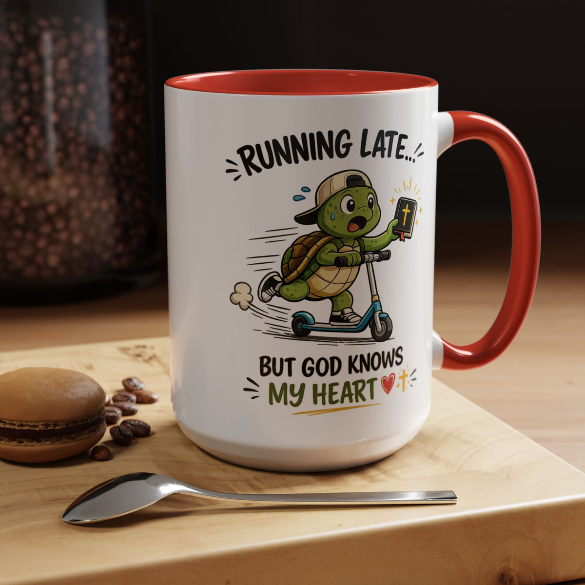 Christian Turtle Coffee Mug, Running Late But God Knows My Heart Mug, Funny Faith Based Mug, Christian Gift for Friends, Bible Lover Cup