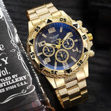 ZHOWE gold-tone chronograph watch with a blue dial, three subdials and a textured gold bracelet