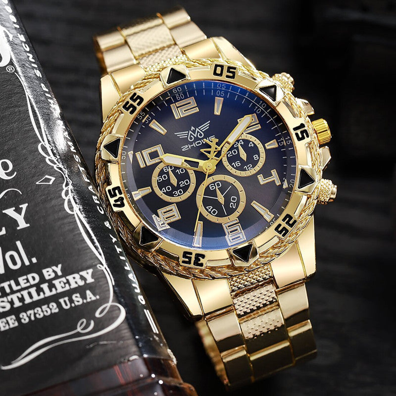 ZHOWE gold-tone chronograph watch with a blue dial, three subdials and a textured gold bracelet